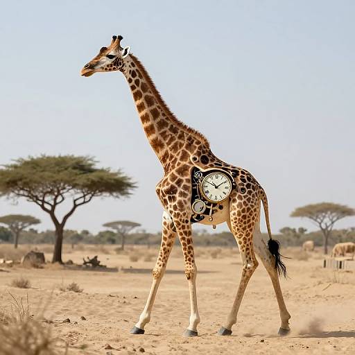 Photograph of a giraffe with a clock embedded in its side, standing in a dry, savanna landscape with acacia trees.