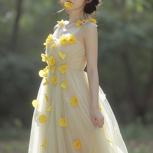 Photograph of a slender woman in a sheer, yellow dress adorned with yellow flower petals, standing in a sunlit forest.