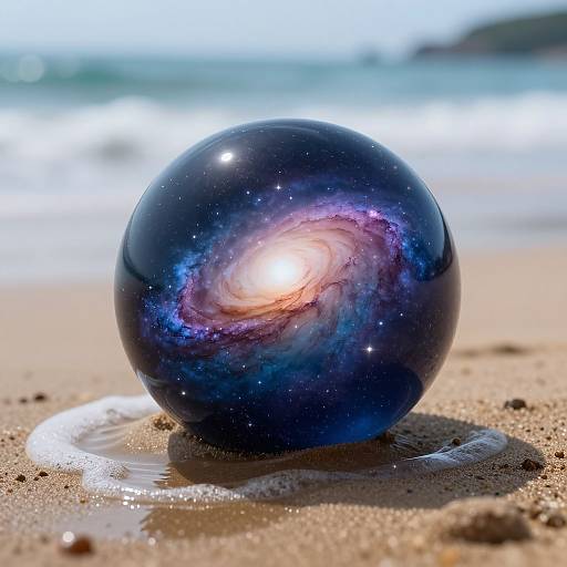 Photograph of a glossy blue glass sphere with a galaxy swirl pattern, reflecting sunlight, resting on a sandy beach with ocean waves in the background.