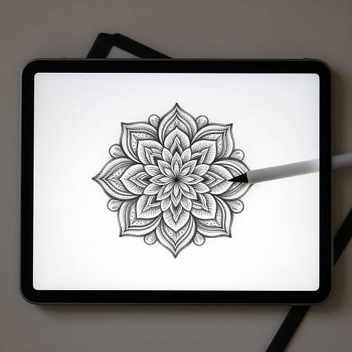 Black and white digital drawing of a detailed, symmetrical flower mandala on a tablet screen, with a pen resting on the right.