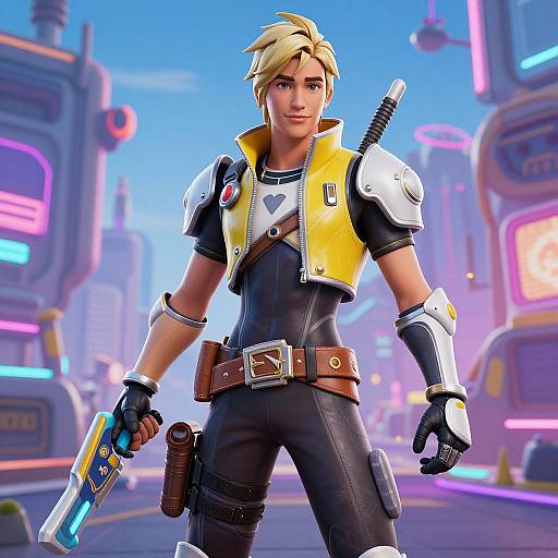 CGI image of a blonde, muscular, male video game character with yellow and white armor, holding a futuristic gun, in a neon-lit city