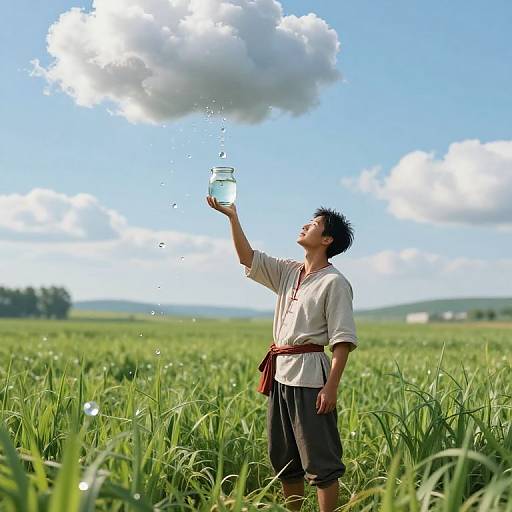 Photograph of an Asian man in traditional attire, standing in a green rice field, pouring water from a glass onto a fluffy cloud under a bright blue