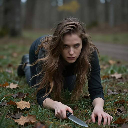 Intense Woman Crawling in Forest