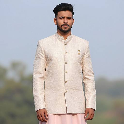 Photograph of a bearded Indian man with short black hair, wearing a white embroidered traditional sherwani and light pink pants, standing against a blurred