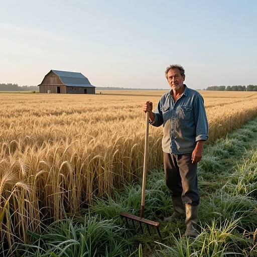 Photograph of a middle-aged man with short brown hair, wearing a blue shirt and jeans, standing in a golden wheat field with a rake, and