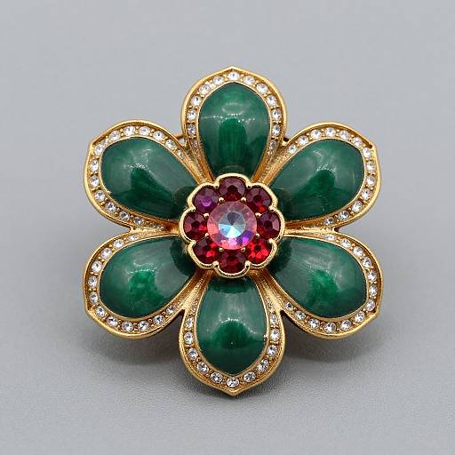 Photograph of an ornate brooch featuring a gold flower-shaped design with green gemstone petals, a red gemstone center, and diamond accents on