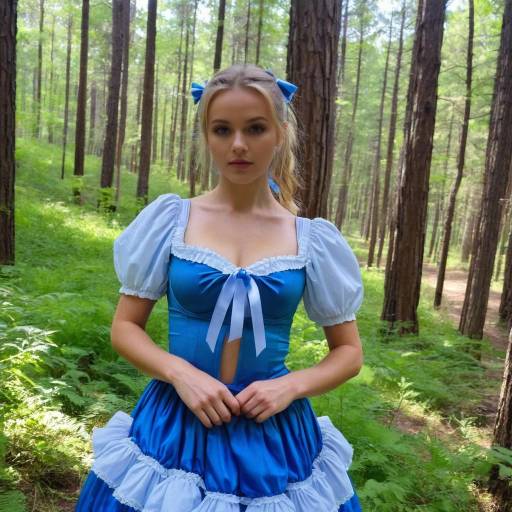 Young Woman in Blue Dress in Forest