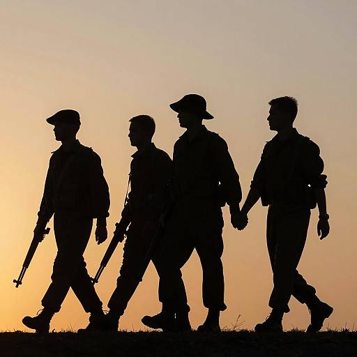 Silhouetted Soldiers Walking at Sunset