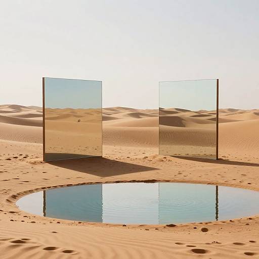 Photograph of a desert landscape with two vertical glass panels standing in front of a circular reflective water puddle, mirroring the sandy dunes and clear