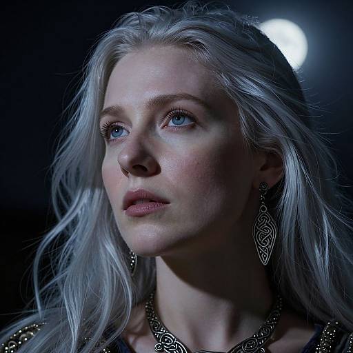 Photorealistic portrait of a white woman with long silver hair, blue eyes, and intricate earrings, illuminated by a glowing moon in a dark background.