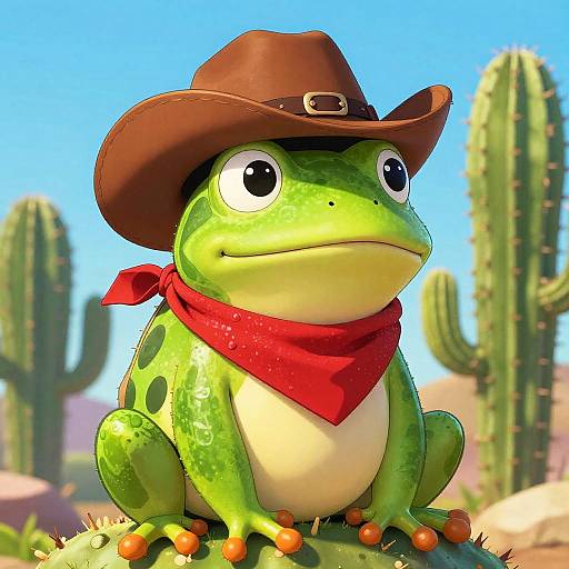Cartoon Frog Cowboy on Cactus