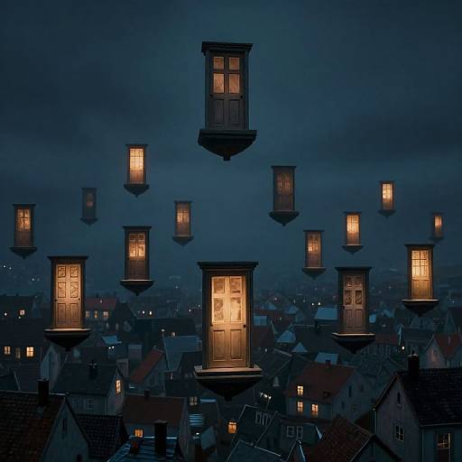 Photograph of a dark, misty night skyline with floating, illuminated windows of varying sizes suspended above a densely packed city.