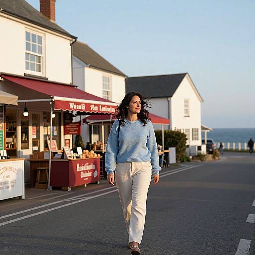 Photograph of a woman with long black hair, wearing a light blue sweater and white pants, walking down a quaint street with white buildings and red aw