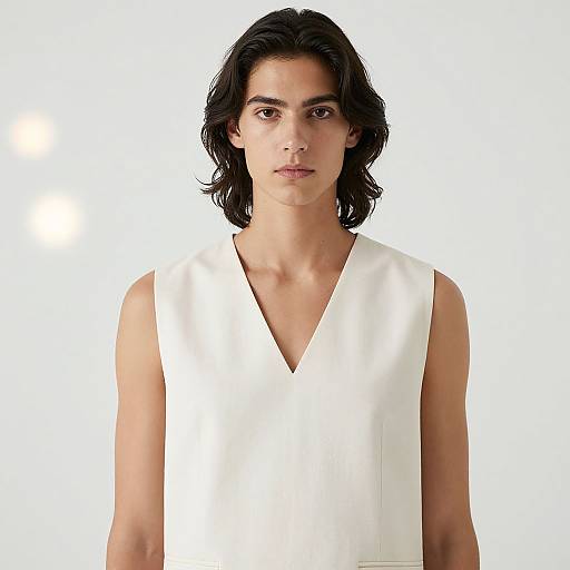 Photograph of a young man with medium-length black hair, wearing a sleeveless white V-neck top, looking directly at the camera against a plain white