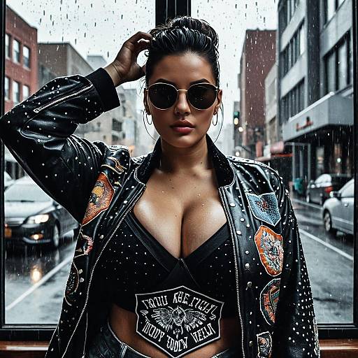 Edgy Woman in Leather Jacket in Rainy City