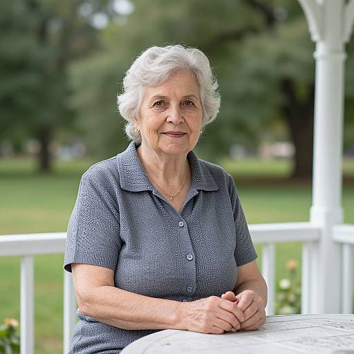 Photograph of an elderly white woman with short, curly white hair, wearing a blue patterned short-sleeve shirt, sitting outdoors on a white