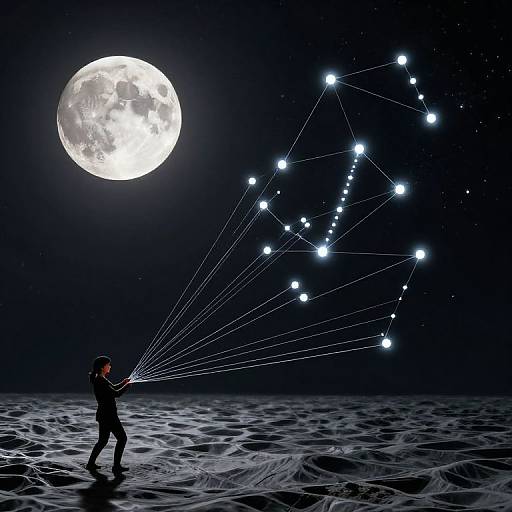 Silhouetted figure pulls constellation lines to moon in dark, starry night sky over textured, reflective ground. Digital art.