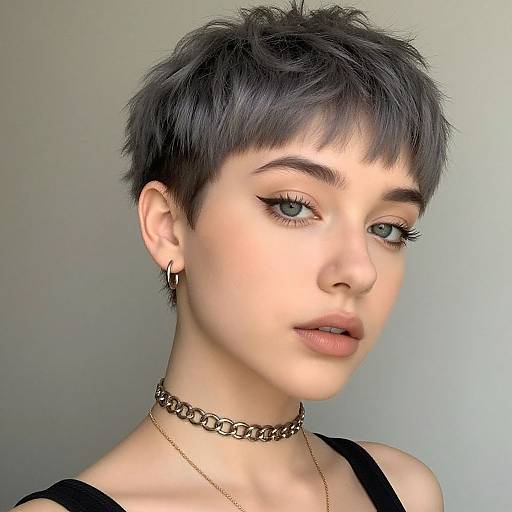 Photograph of a young woman with short black hair, green eyes, winged eyeliner, choker necklace, gold hoop earrings, and black tank