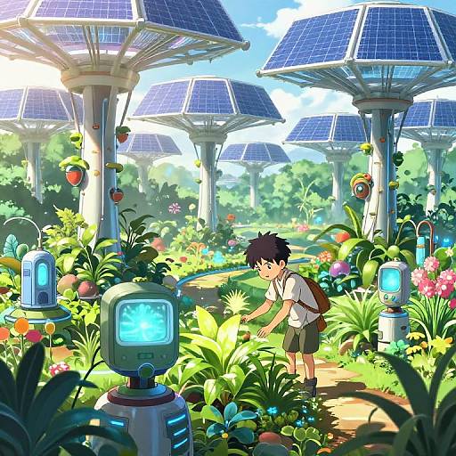 Digital anime-style drawing of a curious boy exploring a vibrant, futuristic garden with solar-powered mushrooms, colorful plants, and glowing terminals.
