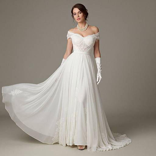 Photograph of a brunette woman in an off-shoulder, white lace wedding gown with a long, flowing skirt, pearl necklace, and gloves,