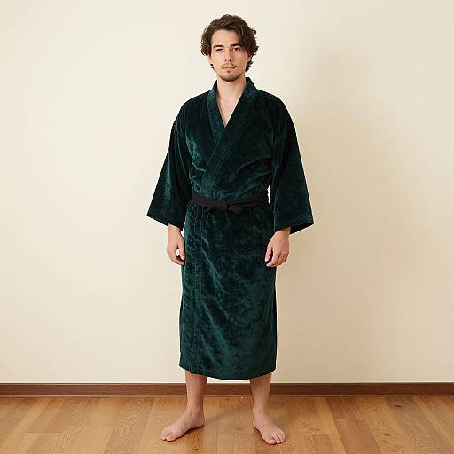 Photograph of a young man with curly brown hair, wearing a dark green velvet robe, standing barefoot on wooden floor against a plain white wall.