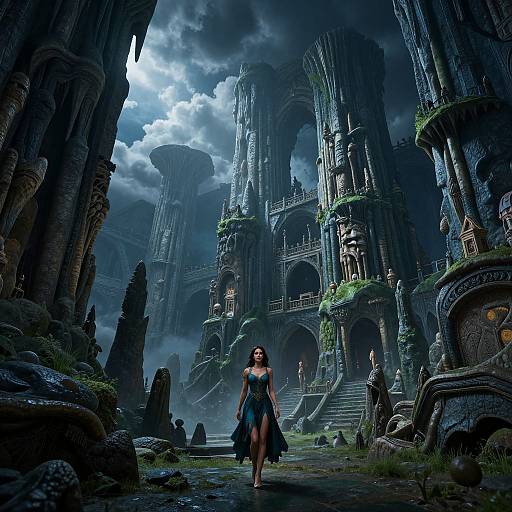 Digital fantasy artwork: A dark-haired woman in a blue dress walks through a ruined, overgrown, gothic stone city under a cloudy sky. Tall