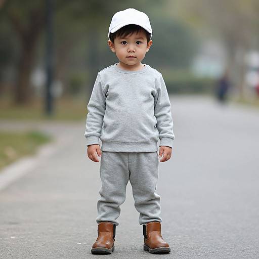 Photograph of a young Asian boy with short black hair, wearing a white cap, gray sweatshirt, gray pants, and brown boots, standing on