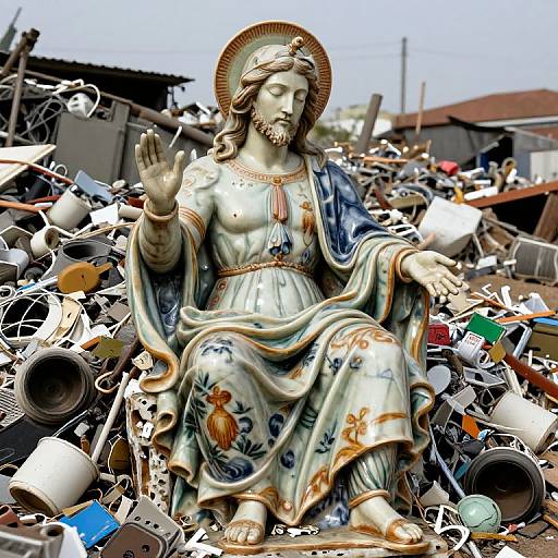 Photograph of a detailed, life-sized Jesus statue with a halo, floral-patterned robe, and raised hand, surrounded by a pile of colorful,