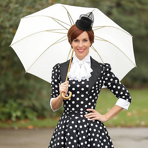 Photograph of a smiling woman with short brown hair, wearing a black polka dot dress, white ruffled collar, black hat, and holding a