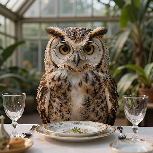 Wise Owl Wearing Spectacles at Dining Table