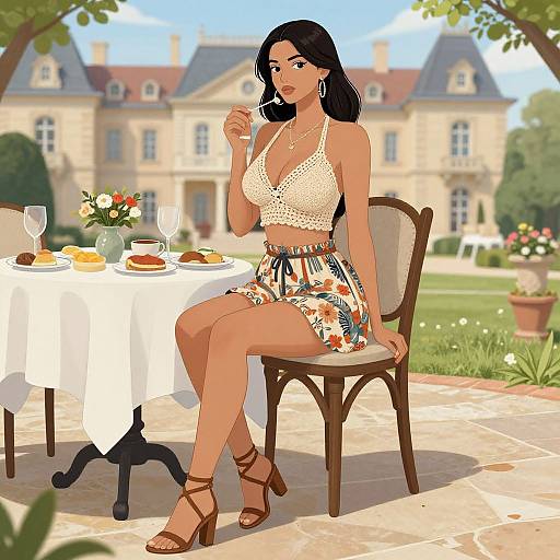 Digital illustration of a beautiful woman with long black hair, wearing a white crocheted crop top and floral skirt, sitting at an outdoor table in a