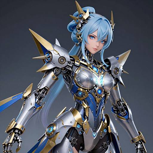 Digital CGI of a blue-haired, armored female warrior with glowing blue accents, gold shoulder spikes, and futuristic cybernetic armor, set against a dark
