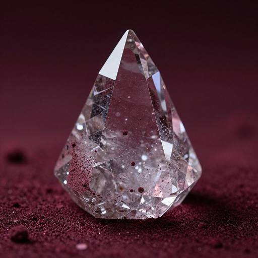 Photograph of a clear, faceted diamond pyramid resting on a dark, textured surface, illuminated by soft, focused light.