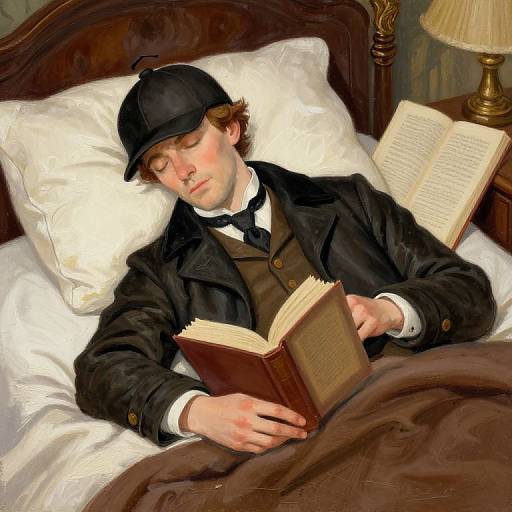 Digital painting of a young man with wavy brown hair, wearing a black hat and Victorian-style black coat, asleep in bed reading a book, with