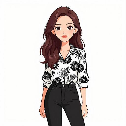 Digital illustration of an Asian woman with long brown hair, wearing a white floral blouse and black high-waisted pants, smiling, standing against a plain