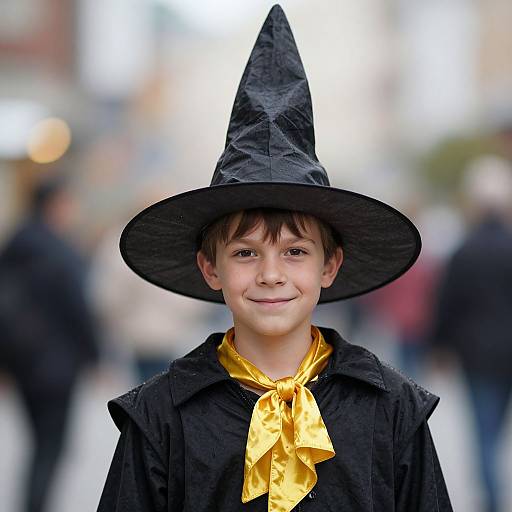 Photograph of a young boy with fair skin, brown hair, wearing a black witch hat and cloak with a yellow scarf, smiling in a blurred urban