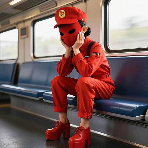 Red-Clad Pilot on Train