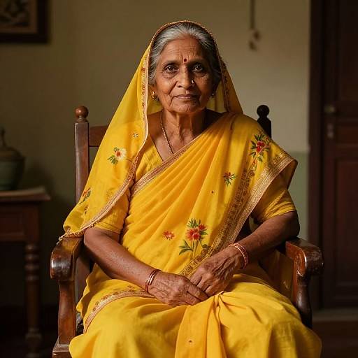 Photograph of an elderly Indian woman with gray hair, wearing a vibrant yellow sari adorned with red floral embroidery, seated on a wooden chair, with