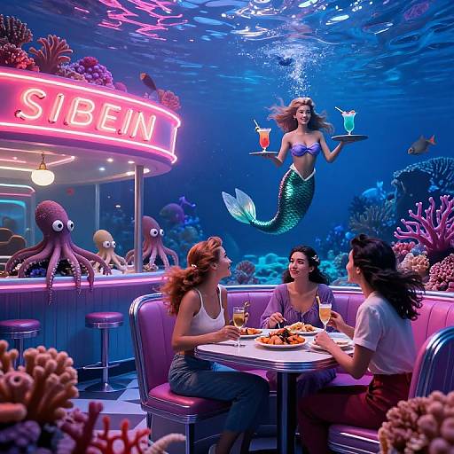 Photograph of an underwater-themed diner with mermaid waitress serving drinks, three women dining, and colorful corals and octopuses in the background.
