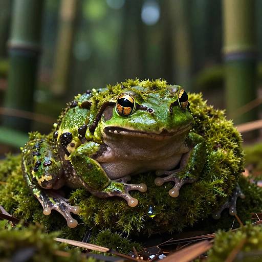 Photograph of a vibrant green frog, covered in moss, with large, shiny orange eyes, sitting on a forest floor. Background shows blurred bamboo stalk