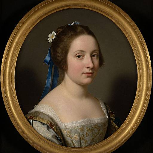 Baroque-style portrait of a young Caucasian woman with fair skin, brown hair, blue ribbon, white flower, wearing an ornate blue dress, framed