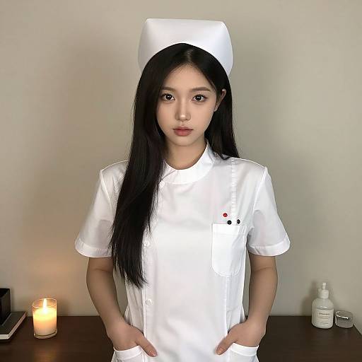Young Asian woman with long black hair, wearing a white nurse uniform and cap, standing in front of a lit candle and medical supplies on a dark wooden