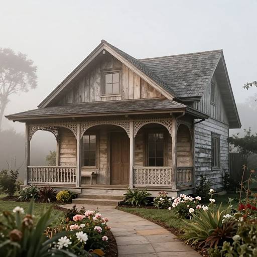 Photograph of a quaint, weathered Victorian-style house with a wooden porch, intricate white trim, surrounded by blooming flowers and a stone pathway.