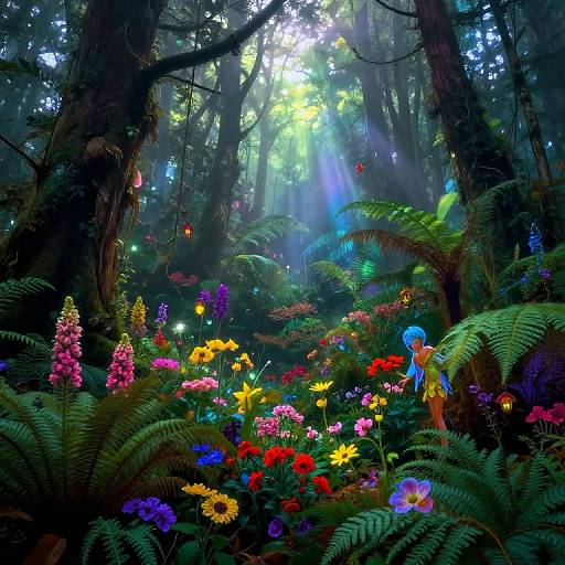 Vibrant, enchanted forest scene with sunlight filtering through trees, colorful flowers, ferns, and a small blue fairy with wings near a red flower