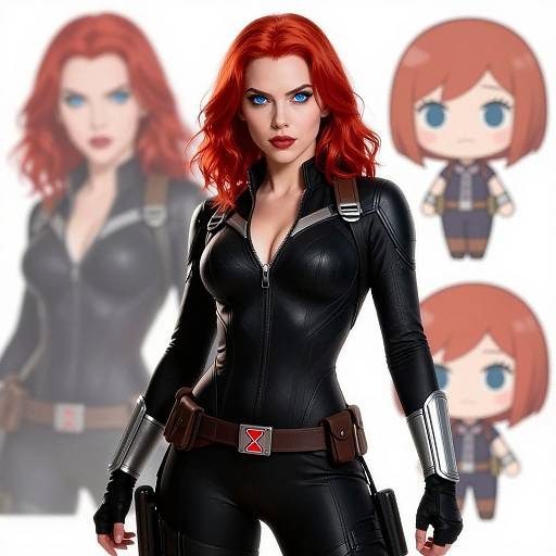Digital artwork of a red-haired woman in a black, form-fitting, zippered suit, with chibi versions in the background. She has striking