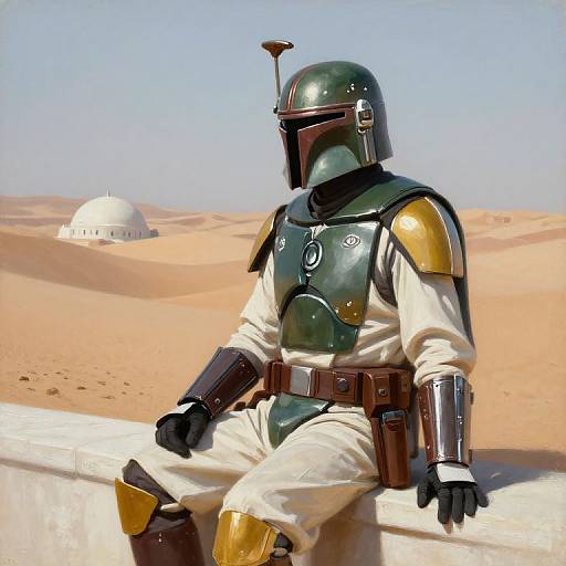 Digital artwork of a Mandalorian-style character in green and gold armor, seated against a desert wall, with a white dome in the sandy background. Bright