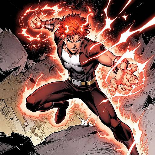 Dynamic anime-style illustration of a red-haired, muscular male warrior in black attire, surrounded by fiery electricity, leaping amidst crumbling rocks.