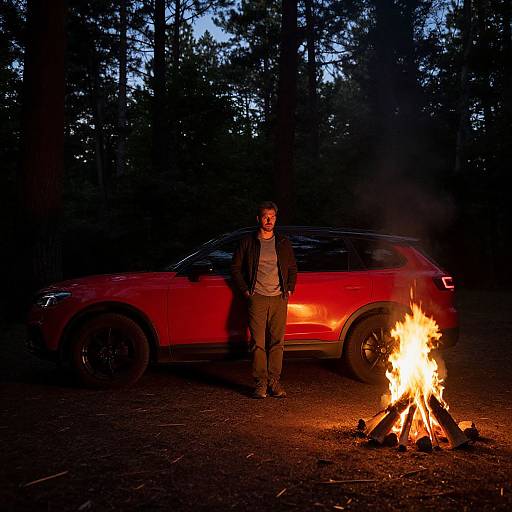 Man and Red SUV in Forest Glade