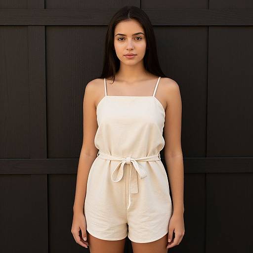 Photograph of a young woman with long black hair, wearing a white spaghetti-strap romper with a tied waist, standing against a black wooden pane