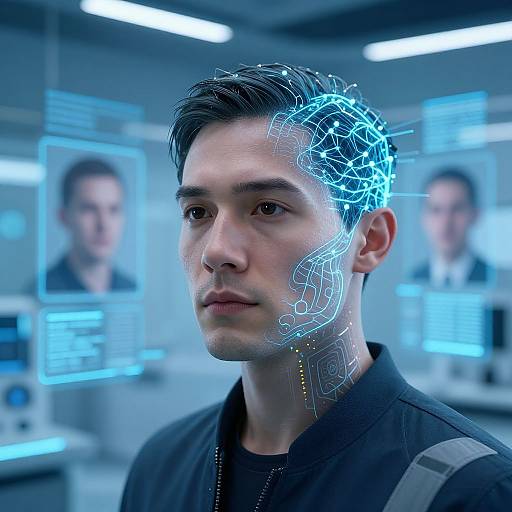 Photorealistic CGI of a serious young man with short black hair, blue neural interface glowing on his right cheek, in a futuristic, blue-lit